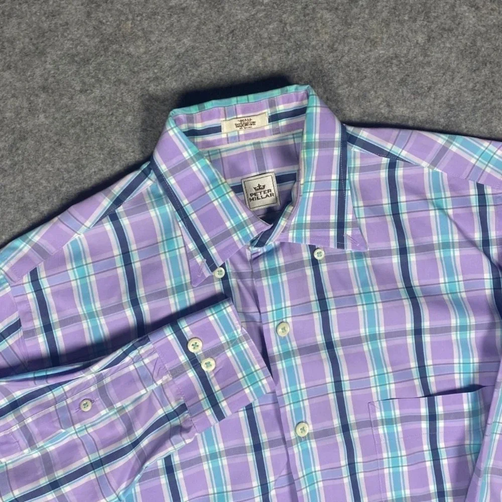 Peter Millar Men's Plaid Button Down Shirt Small Purple Aqua Blue Seaside Finish